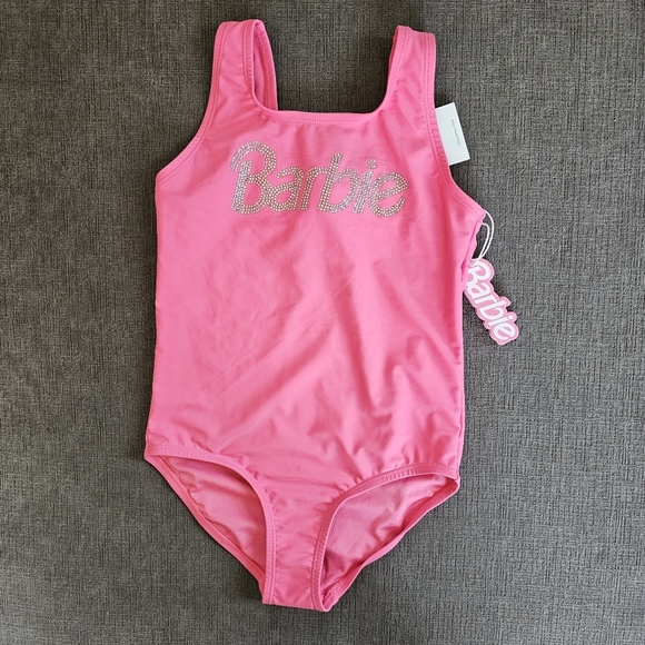 Barbie x Forever 21 Barbie Pink Rhinestone Bling One-Piece Swimsuit Girl Sz 9/10 - Picture 1 of 14